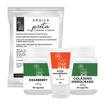 COMBO Argila Preta 250g + Cranberry 250mg + Ácido Hialurônico 1% 30g + Colágeno Hidrolisado 300mg