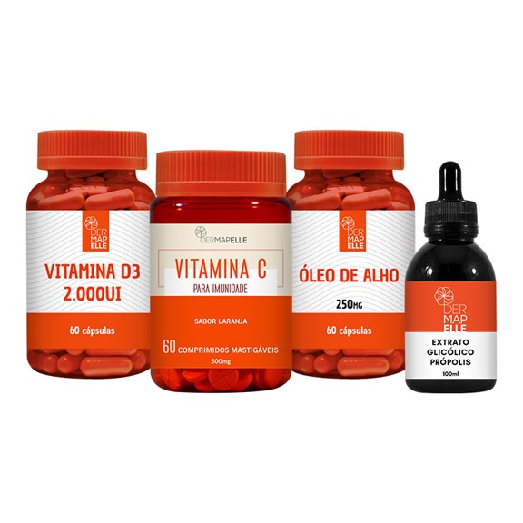 COMBO Óleo de Alho + Vitamina D3 2.000 UI + Extrato Glicólico de Própolis + Vitamina C